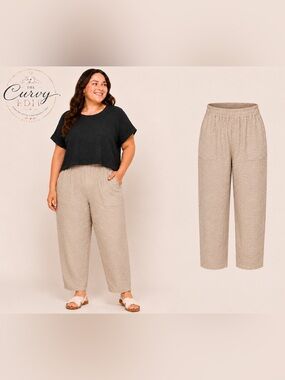 Textured Crinkle Wide Leg Pull-On Pants | Khaki Beige Coastal Minimalist 3X